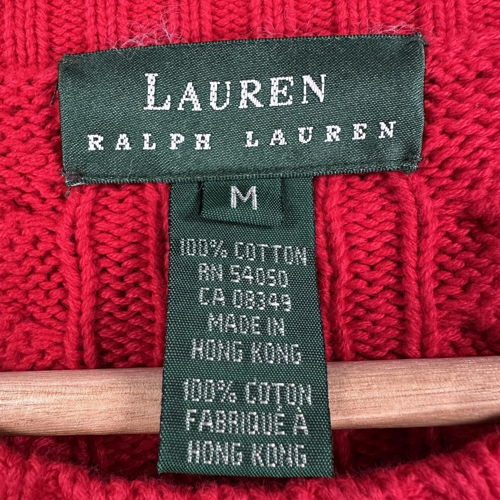 Lauren Ralph Lauren Sweater Womens Medium Red Cable Knit Cotton Crest Old Money - Picture 4 of 13